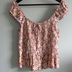 Lush Floral Smocked Off Shoulder Top Peplum Cream Pink Mustard Size M
